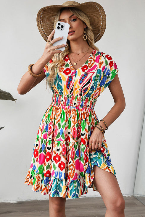 Bohemian Abstract Print V Neck Smocked Waist Tiered Ruffle Mini Dress